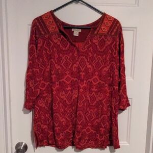 Lucky Brand 2X Red & Orange Ikat Print Split Neck Tunic Blouse